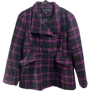 Giacca Women's Wool Blend Winter Jacket PeaCoat Y2K Black/Purple Plaid Sz. L EUC